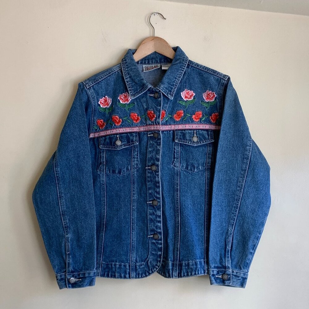 VTG 90s Embroidered Floral Denim Jacket by Bill Blass Women's Size M